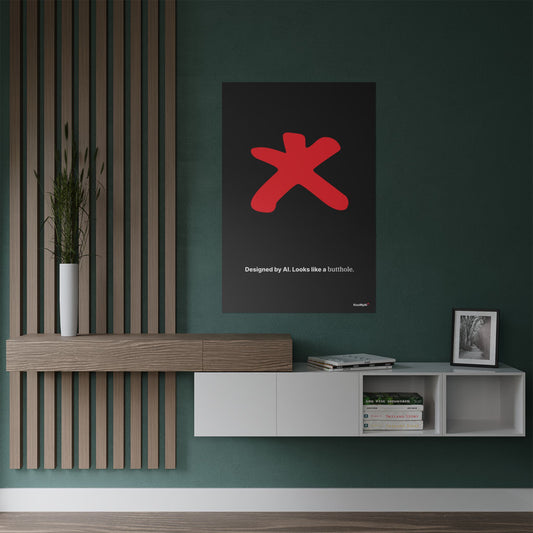Satin Poster — “Designed by AI. Looks Like a Butthole.” Minimalist Tech Satire on Black Art Print