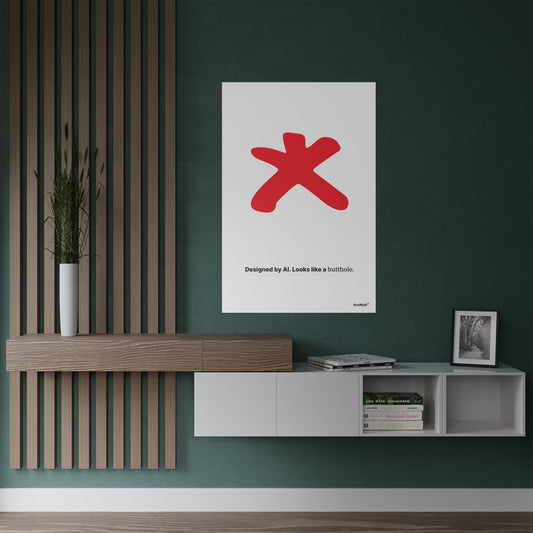Satin Poster — “Designed by AI. Looks Like a Butthole.” Minimalist Tech Satire on White Art Print
