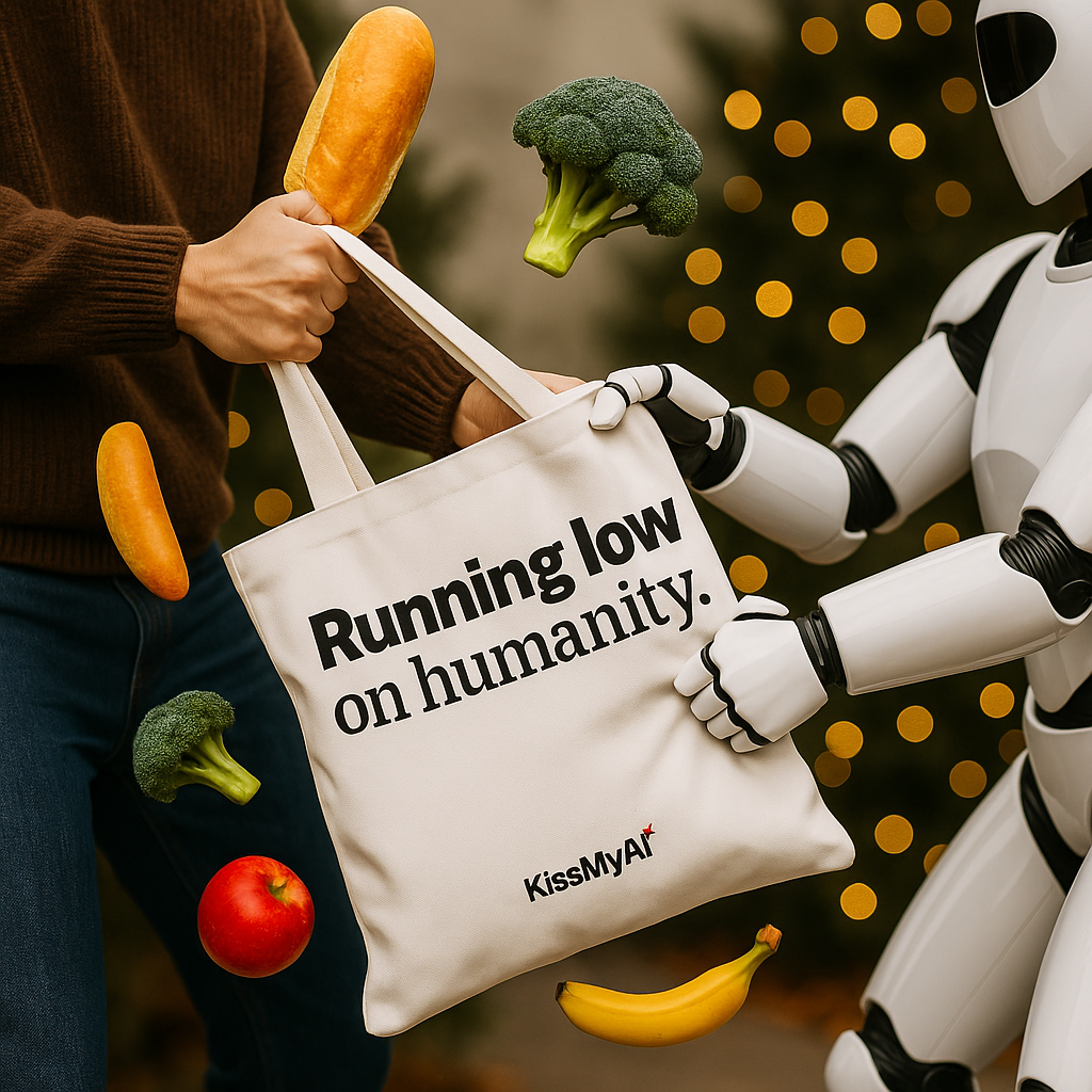 A white Christmas ornament hanging from a tree branch with a red ribbon and the phrase "Dear Santa, The Algorithm knows what I did." printed on it.