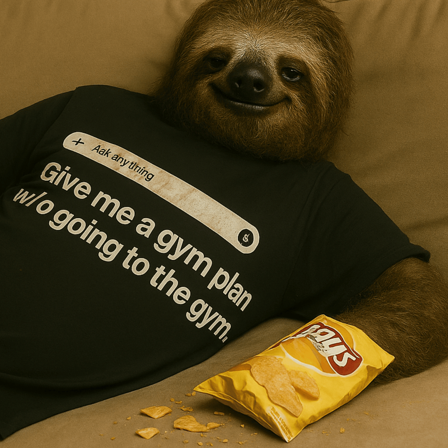 Black T-shirt with AI search-bar quote ‘Give me a gym plan w/o going to the gym.".